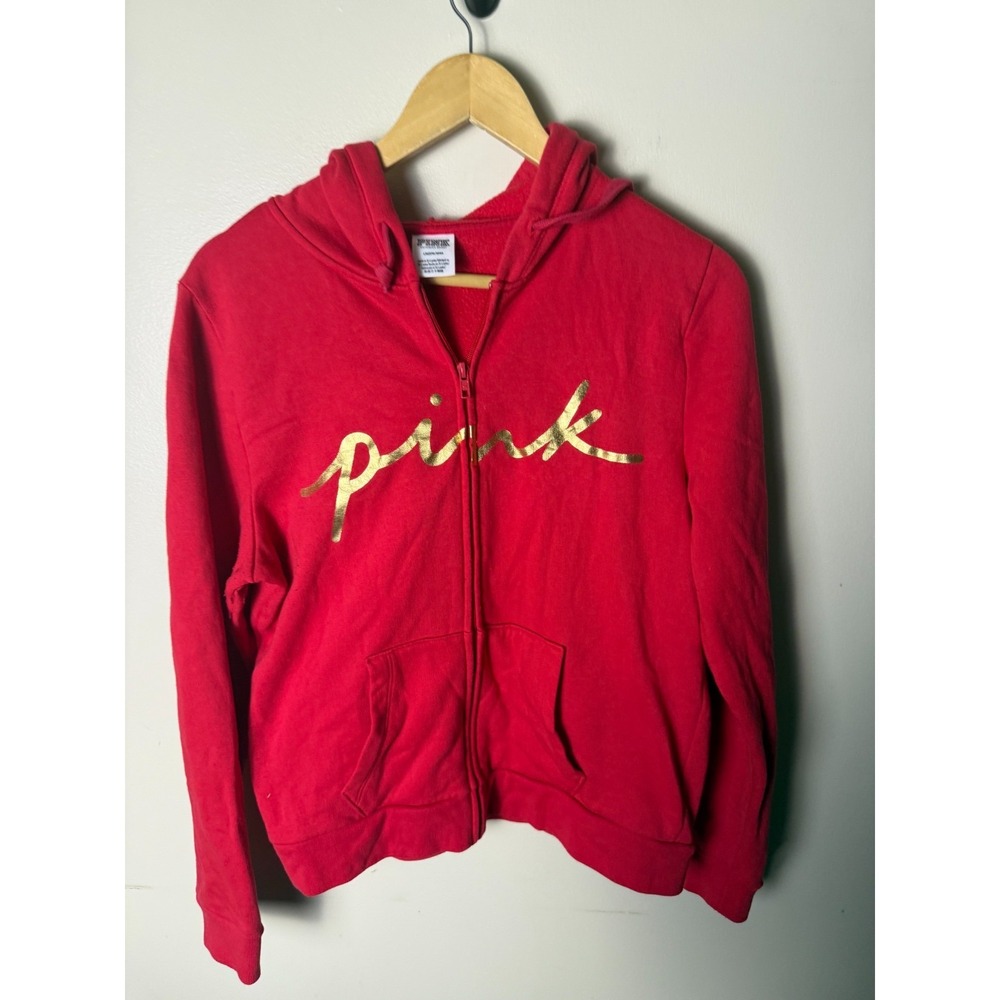 Victorias Secret Pink Hoodie‎ Womens L Red Full Zip Manuscript Logo Sweater